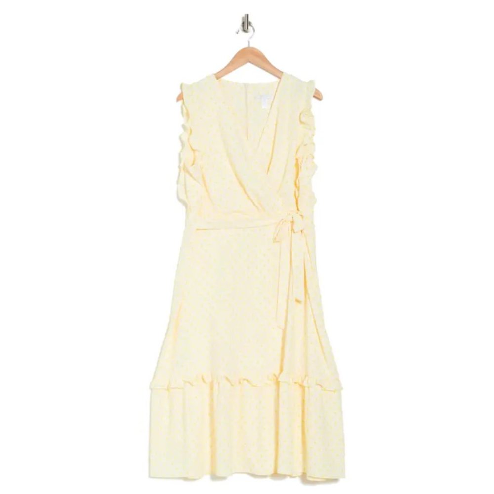 London Times Ruffled Sleeveless Faux Wrap Dress